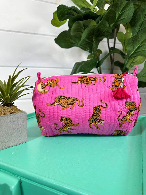 Quilted Cosmetics Toiletry Bag - Pink Tigers