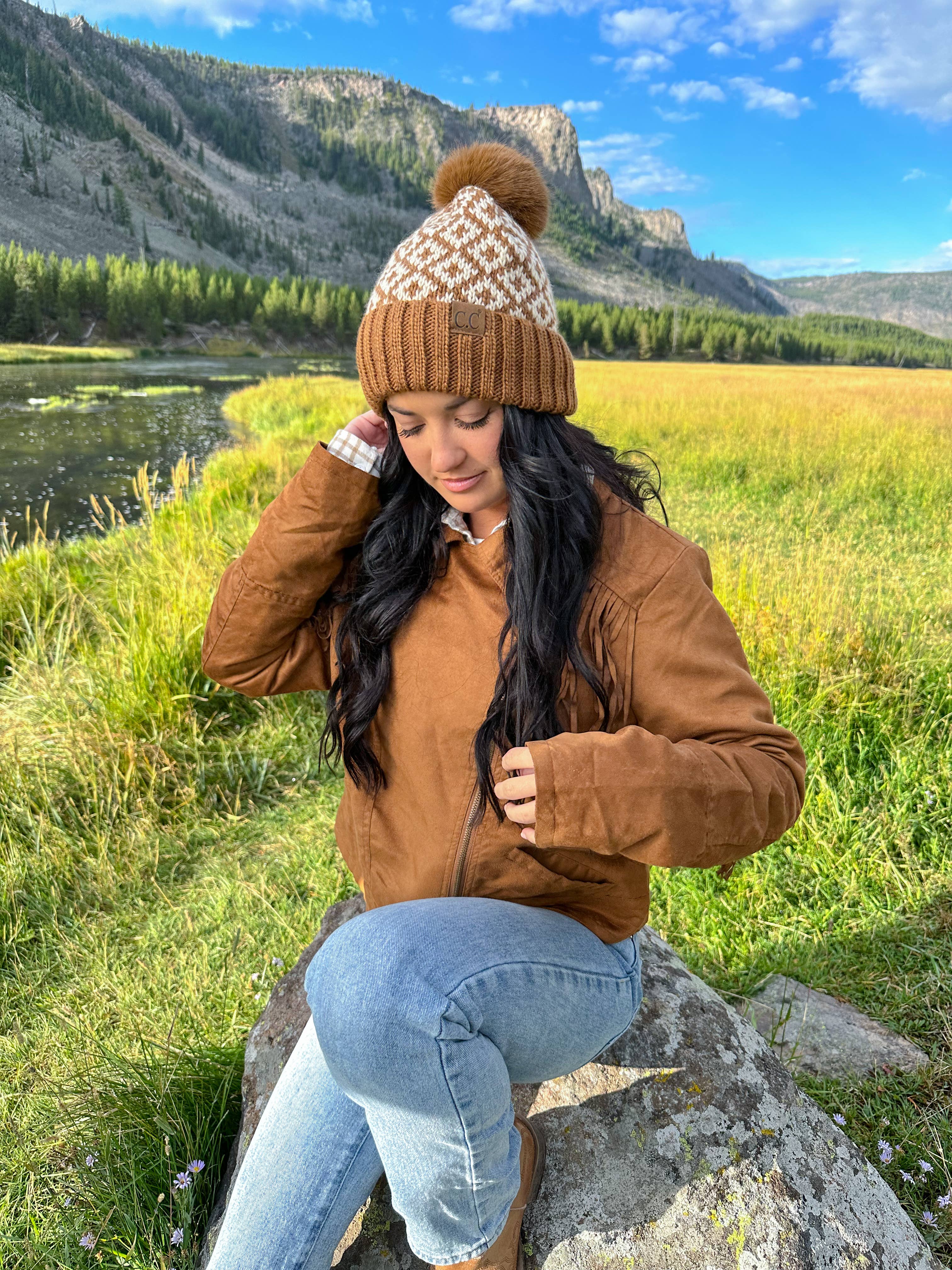 Fuzzy Lined Diamond Patterned Faux Fur Pom Hat