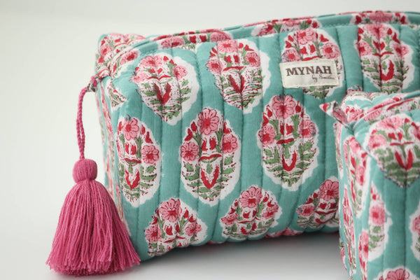 Turquoise Floral Print Travel Cosmetic Bag