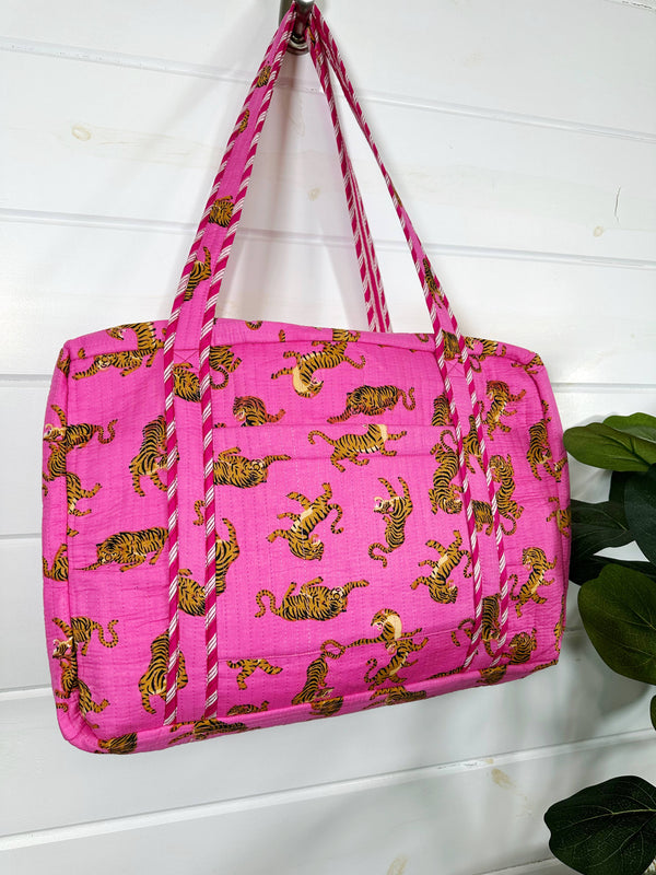 Quilted Weekender Overnight Travel Bag  - Pink Tigers