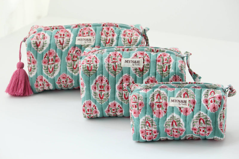 Turquoise Floral Print Travel Cosmetic Bag