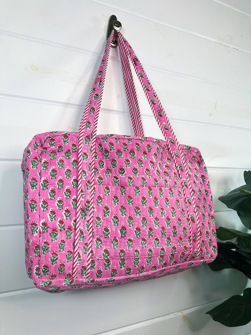 Quilted Weekender Overnight Travel Bag - Pink Floral