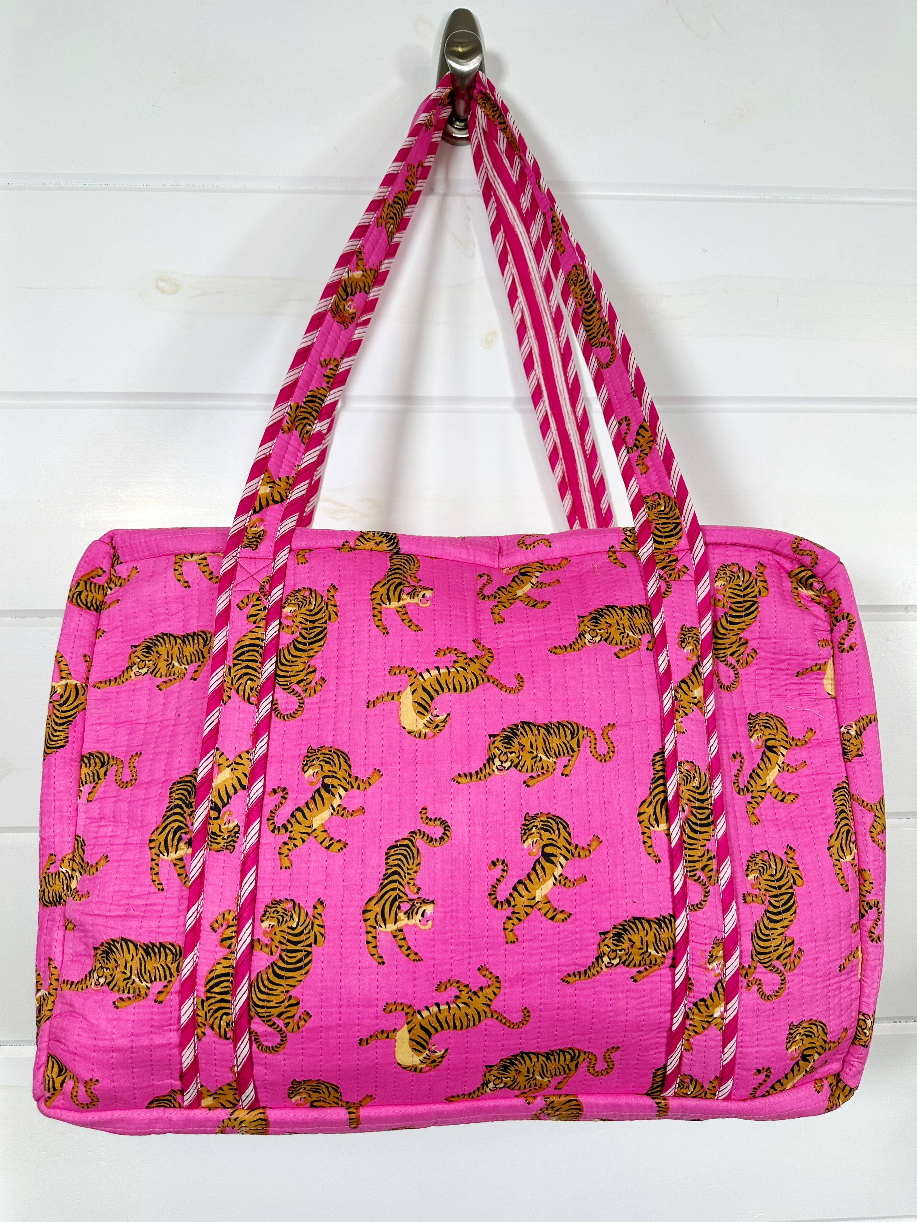 Quilted Weekender Overnight Travel Bag  - Pink Tigers