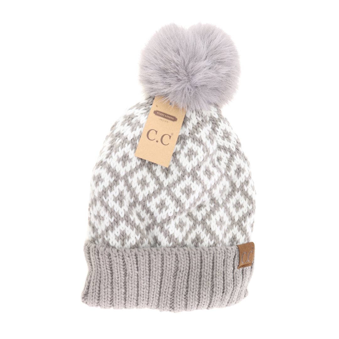 Fuzzy Lined Diamond Patterned Faux Fur Pom Hat