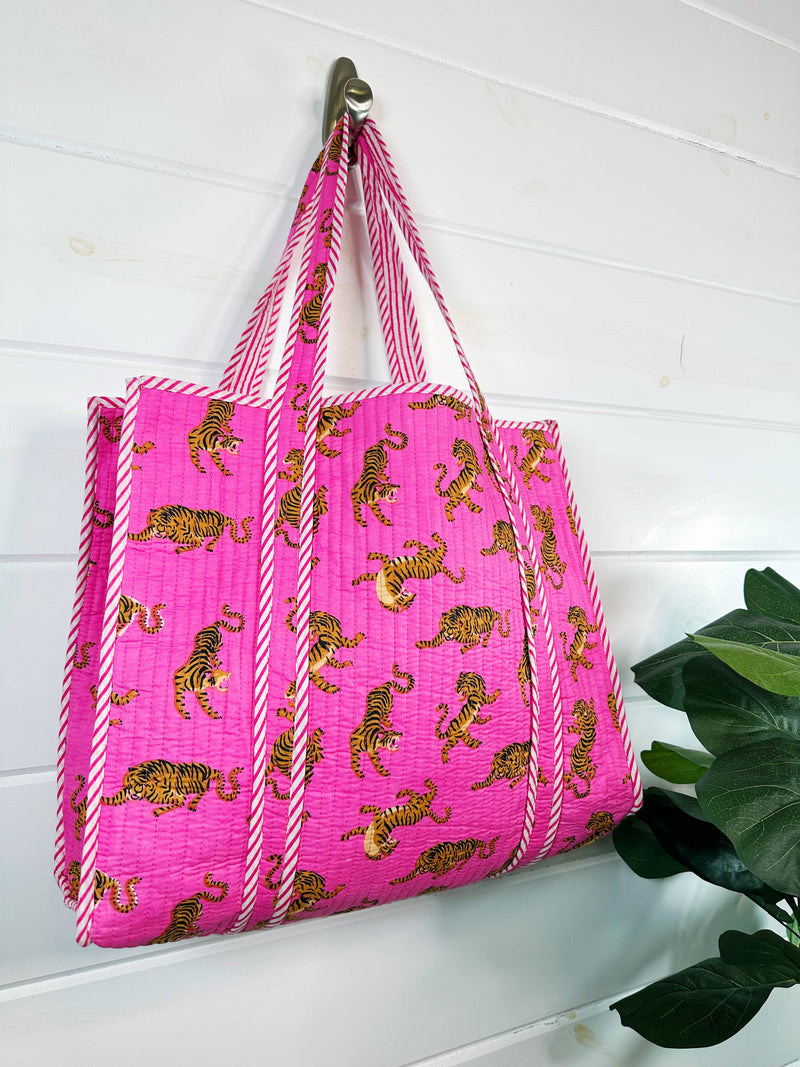 Quilted Tote Bag | Pink Tiger Tote | Large Shopping Tote Bag