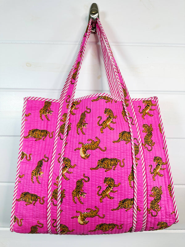 Quilted Tote Bag | Pink Tiger Tote | Large Shopping Tote Bag