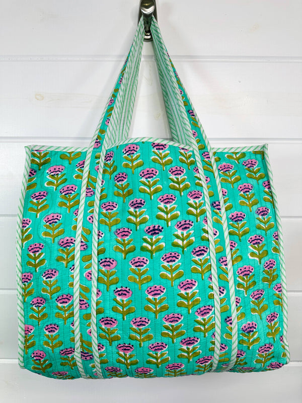 Quilted Aqua Floral Block Print Tote Bag