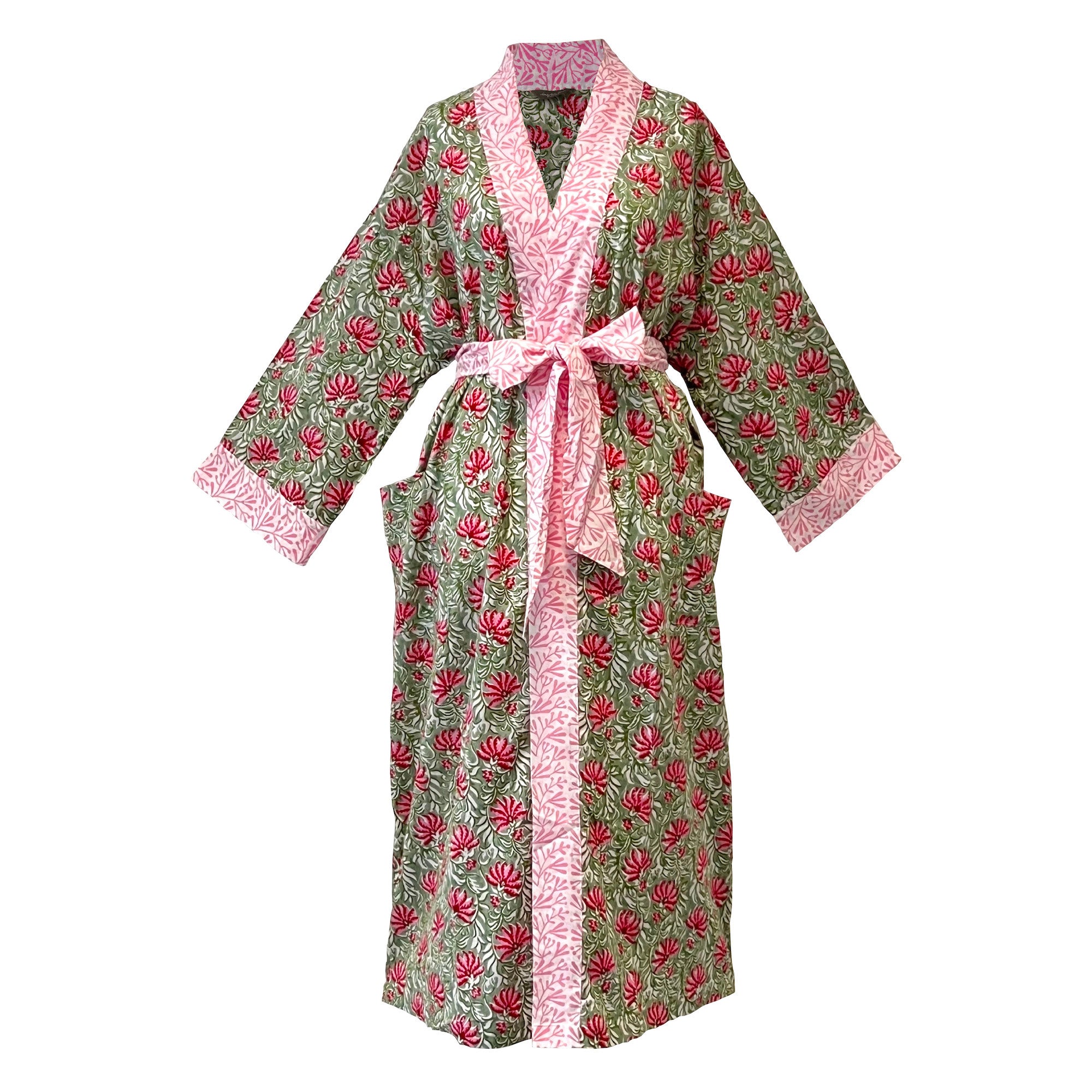 Jaipur Green & Pink Block Print Cotton Robe