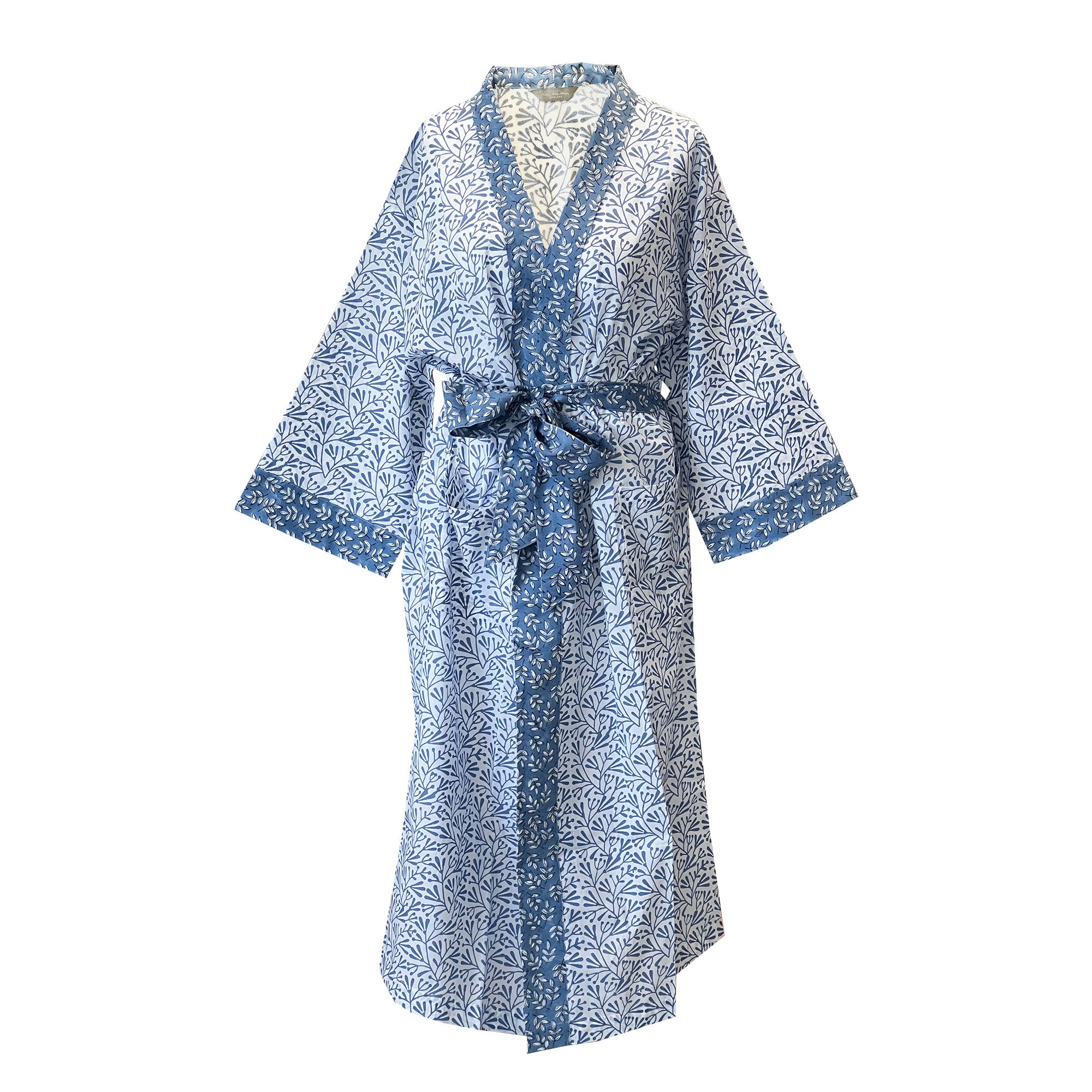 Blue Bud Block Print Cotton Robe