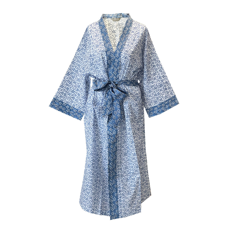 Blue Bud Block Print Cotton Robe