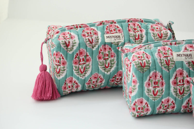 Turquoise Floral Print Travel Cosmetic Bag