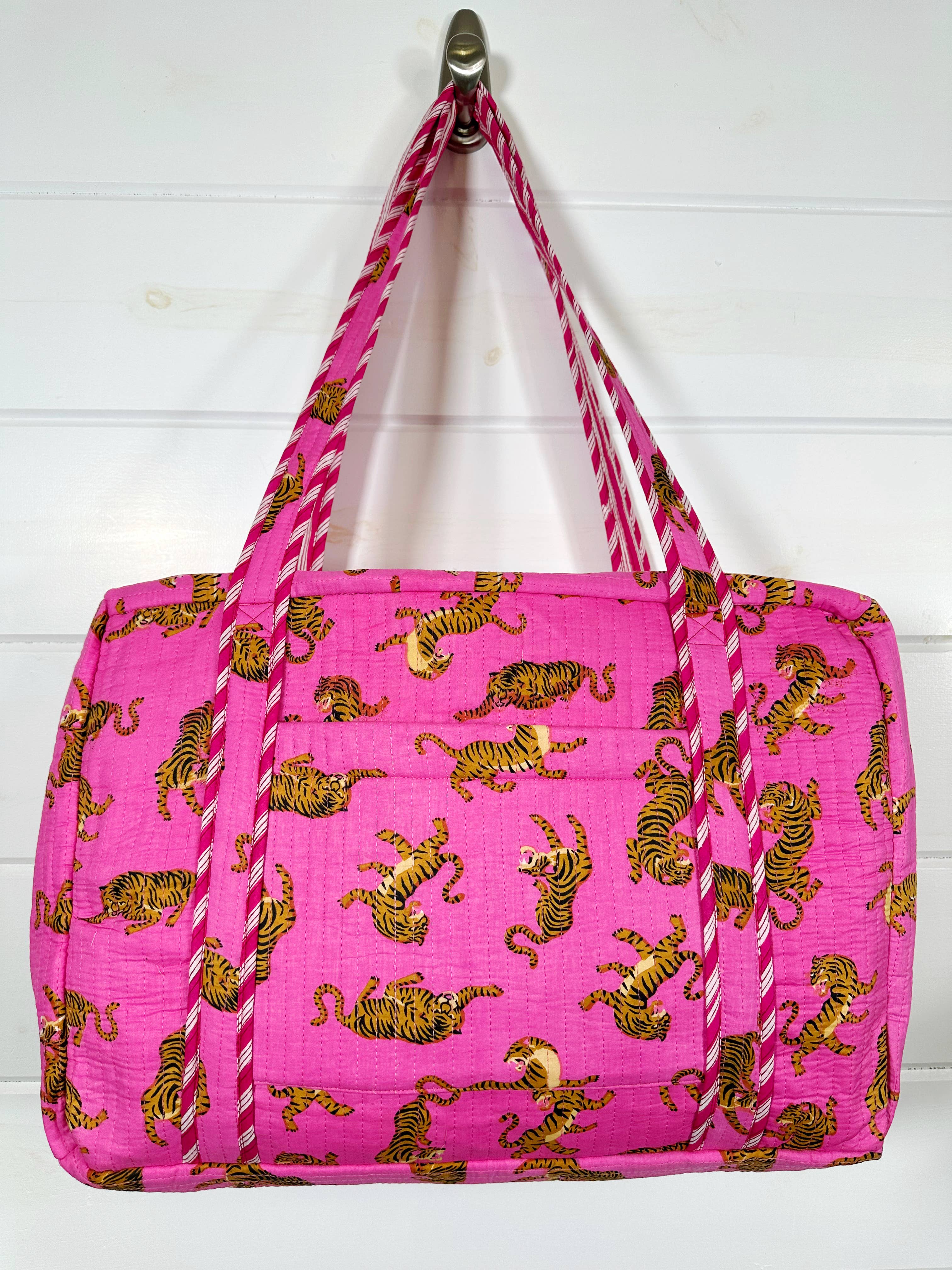 Quilted Weekender Overnight Travel Bag  - Pink Tigers