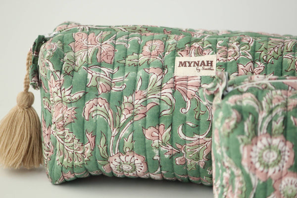 Green Floral Block Print Travel Cosmetic Bag