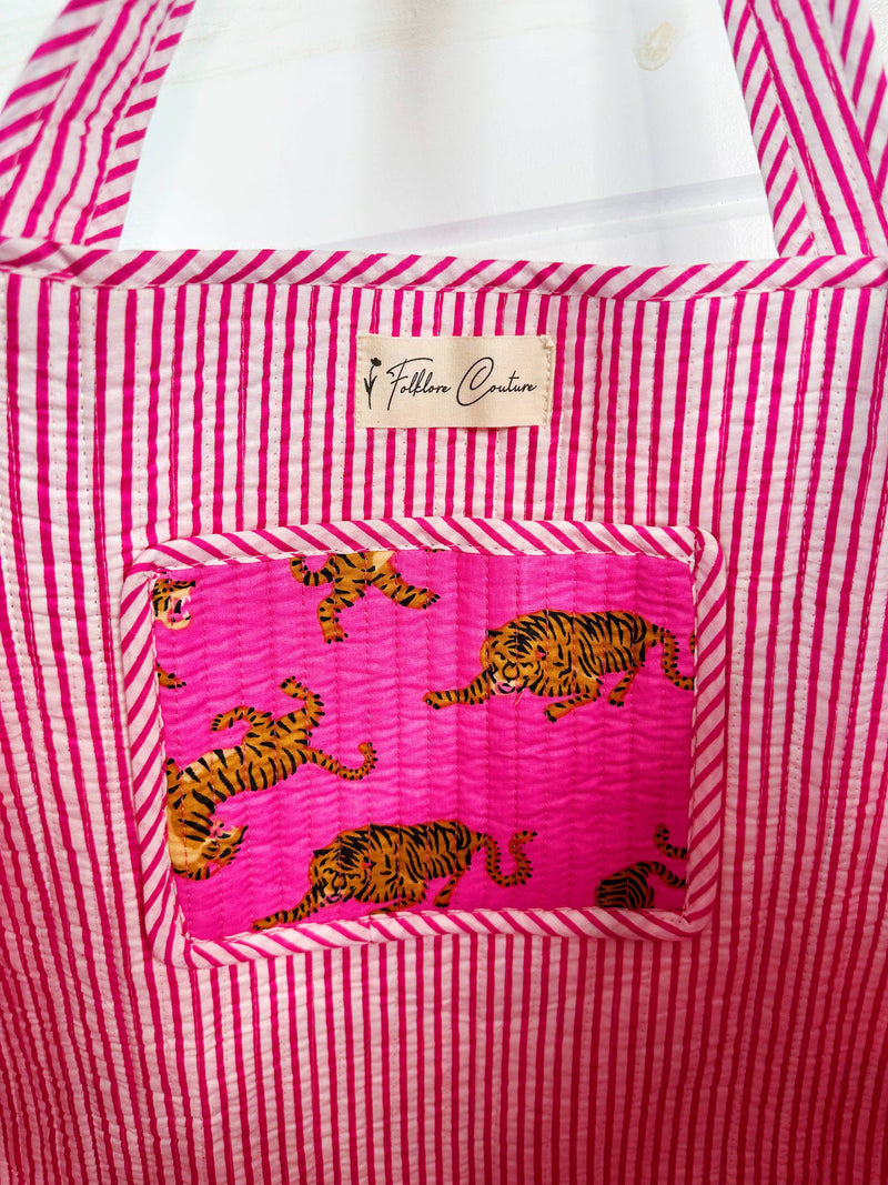 Quilted Tote Bag | Pink Tiger Tote | Large Shopping Tote Bag