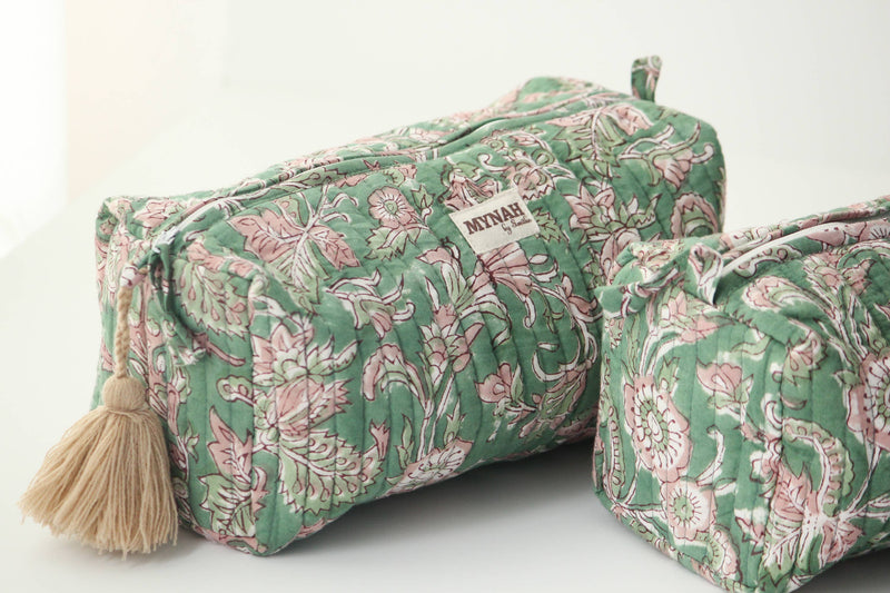 Green Floral Block Print Travel Cosmetic Bag