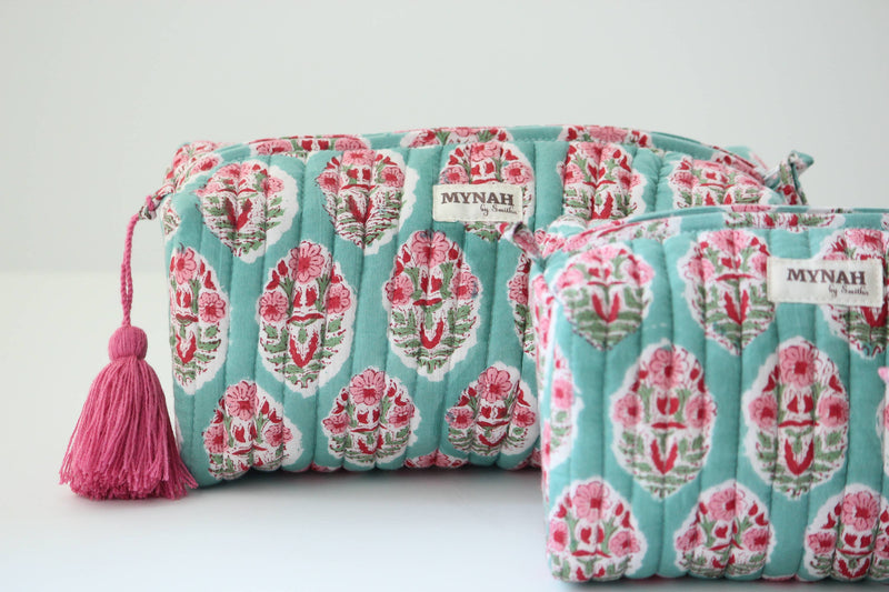 Turquoise Floral Print Travel Cosmetic Bag