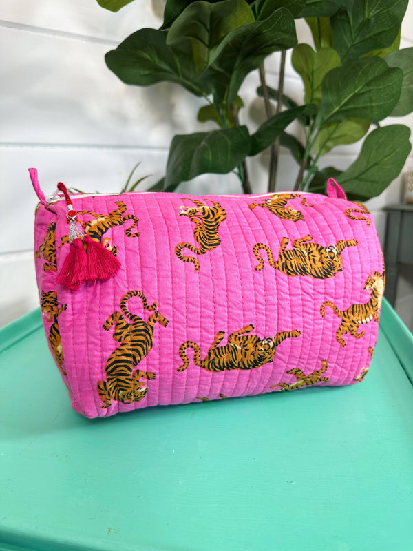 Quilted Cosmetics Toiletry Bag - Pink Tigers