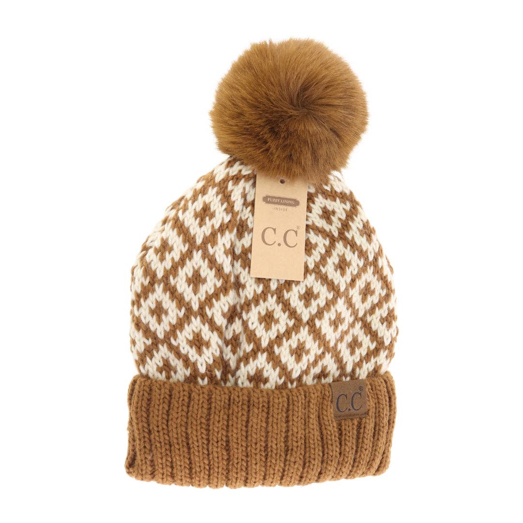 Fuzzy Lined Diamond Patterned Faux Fur Pom Hat