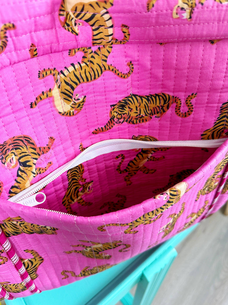 Quilted Weekender Overnight Travel Bag  - Pink Tigers
