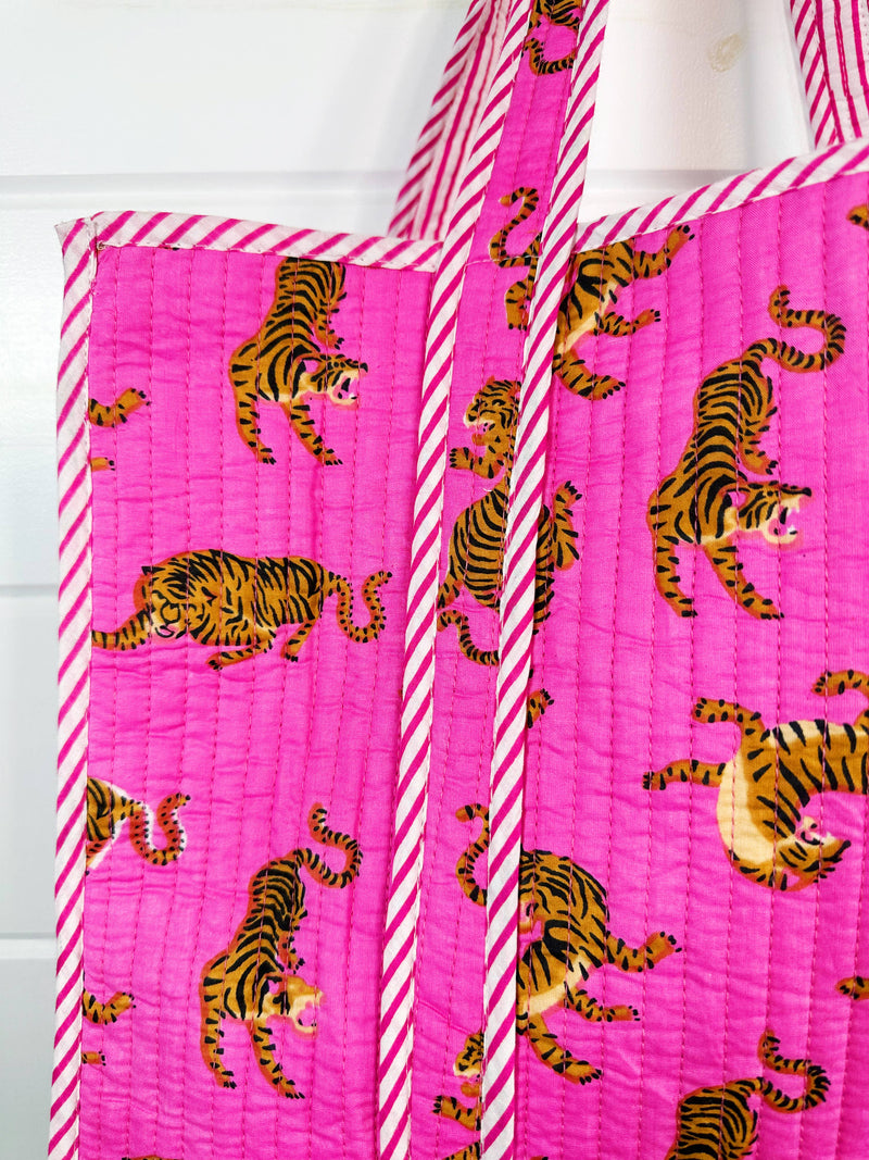 Quilted Tote Bag | Pink Tiger Tote | Large Shopping Tote Bag